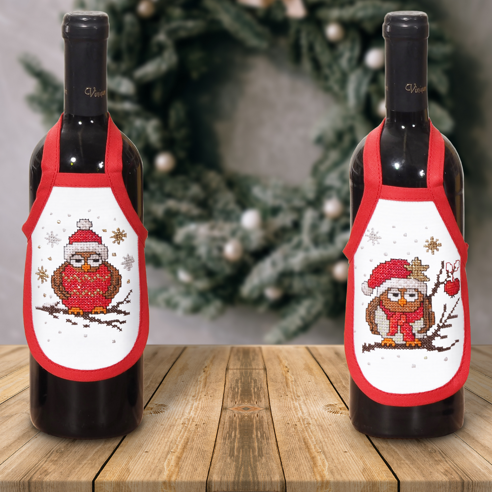 "Christmas Owls" Stamped bottle Aprons Kit for Cross Stitch Embroidery Duftin 05837