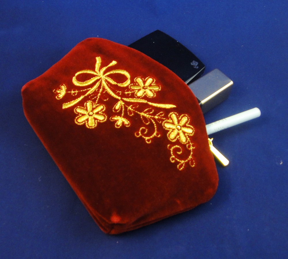 Golden Embroidery Velvet Cosmetic Bag  "Holiday" Dark Red