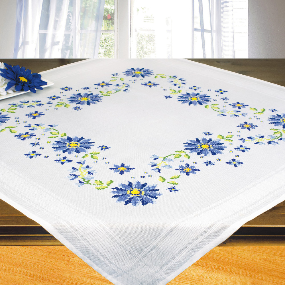 "Blue Flowers" Tablecloth Kit for Embroidery Schafer 7018