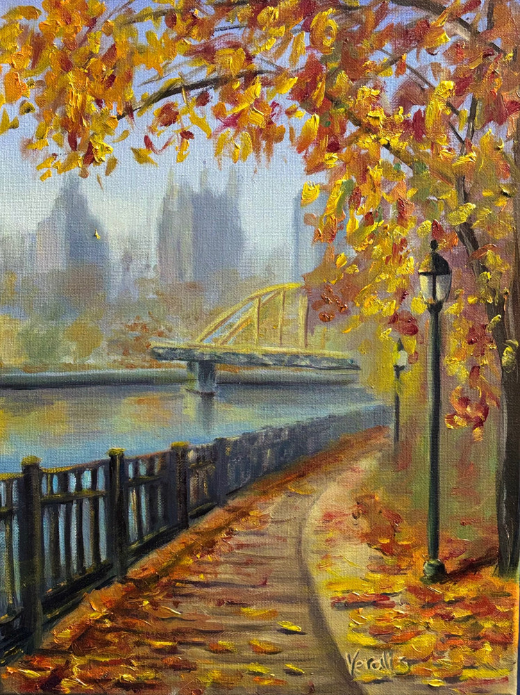 Original Hand Paint Oil Painting on the Canvas after "Golden Fall in Pittsburgh" 12x16"