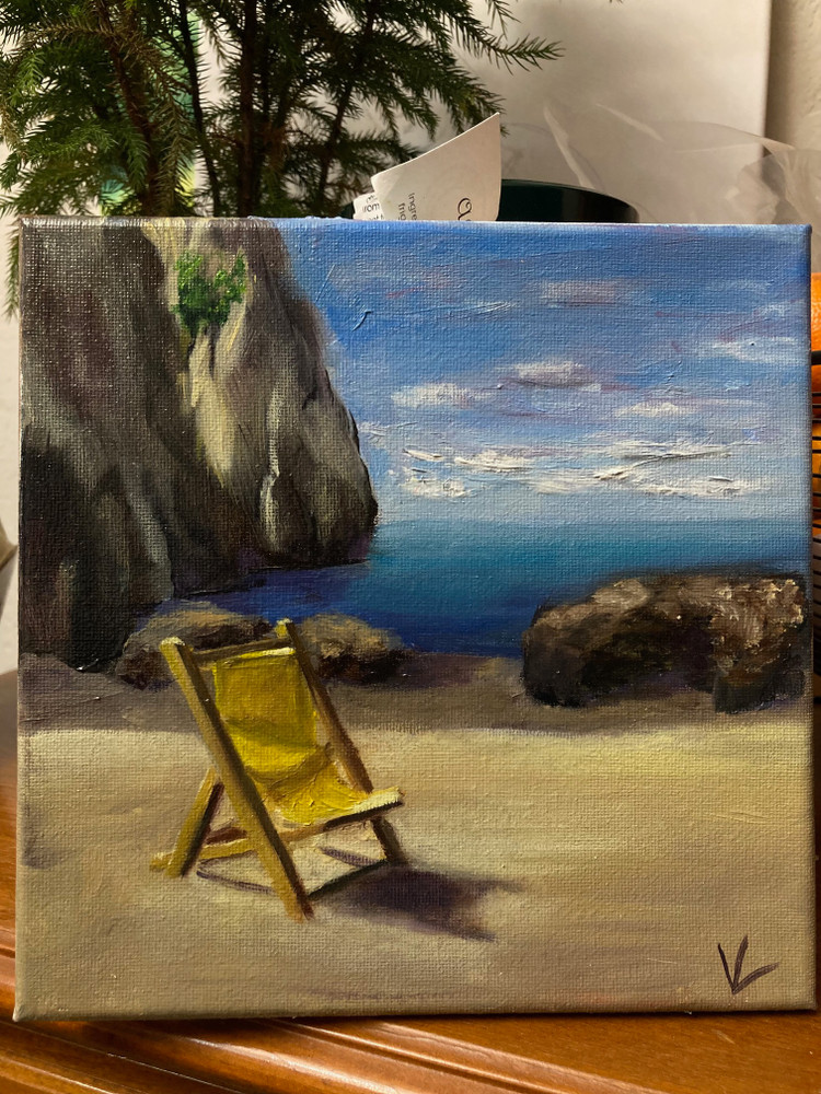 Original Hand Paint Oil Painting on Canvas  "Yellow Lounge" 8x8"