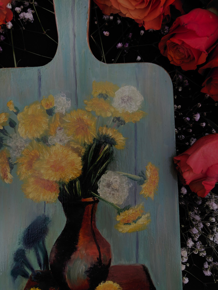 Decorative Hanging Cutting Board  Kitchen Decor Chopping  with Oil Painti ng Design  "Dandelions"