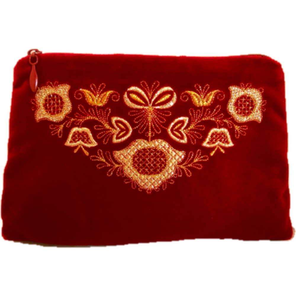 Golden Embroidery Velvet Cosmetic Bag  "Bells" Red 284-193R