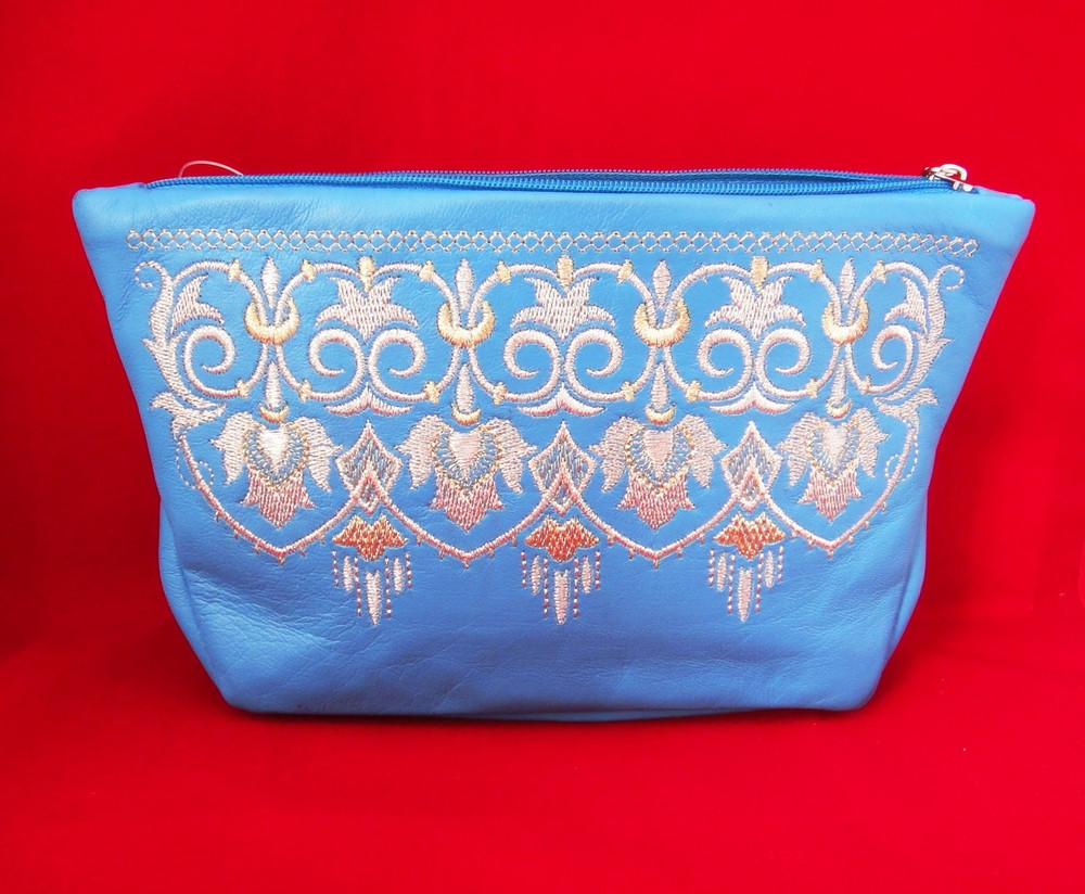 Golden Embroidery Leather Cosmetic Bag  "Edge" Blue 701-2176