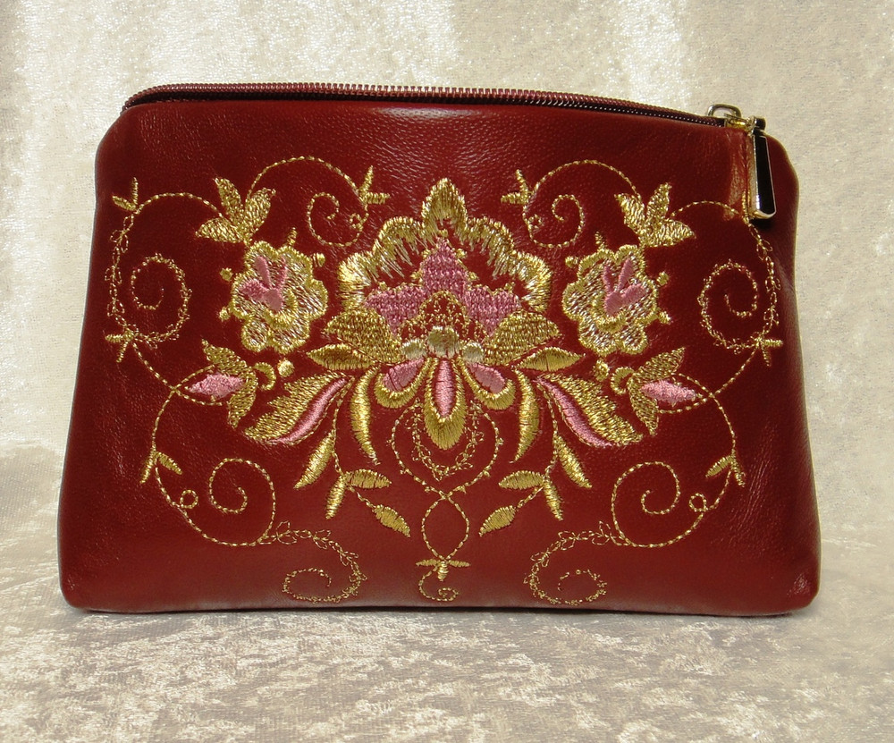 Golden Embroidery Leather Cosmetic Bag  "Success" Dark Red  425-1858