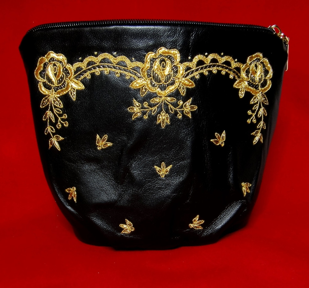 Golden Embroidery Leather Cosmetic Bag  "The Golden Roses" Black  339-1098