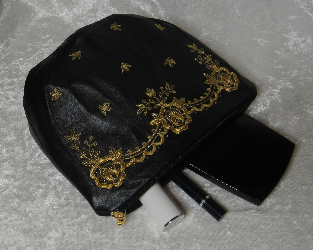 Golden Embroidery Leather Cosmetic Bag  "The Golden Roses" Black  339-1098