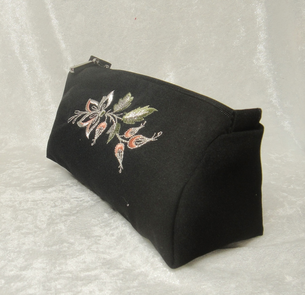 Golden Embroidery Satin Cosmetic Bag "Wild Rose" Black 403-1077 S