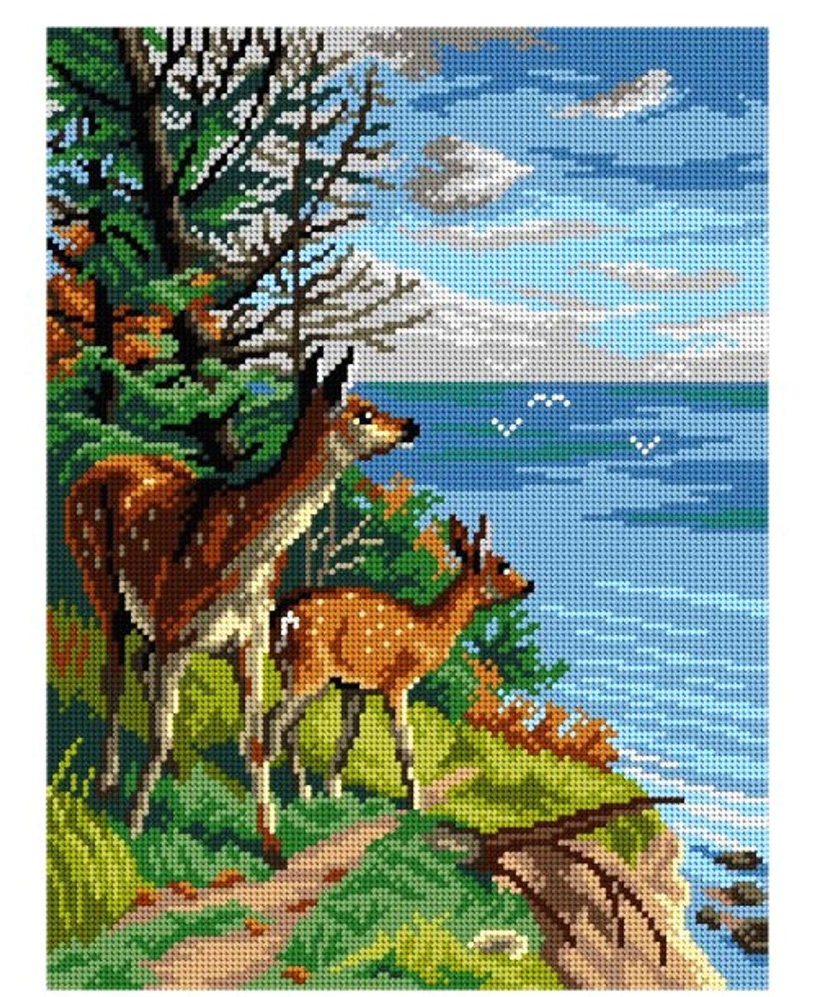 Two Deer at a Cliff Printed Canvas for Cross Stitch Tapestry Gobelin  Embroidery Orchidea 3137J