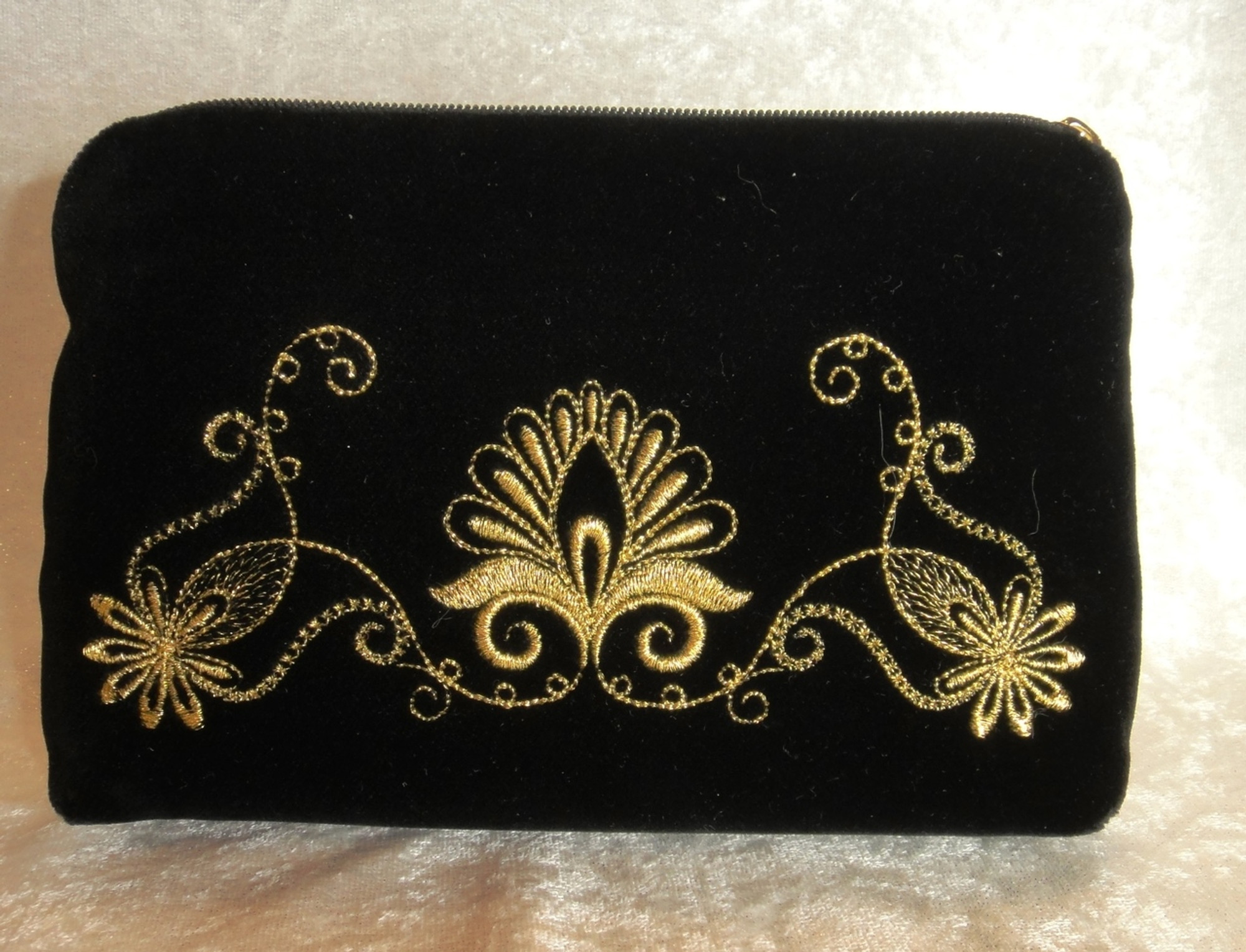 Black Velvet Cosmetic Bag With Metallic Gold Embroidery