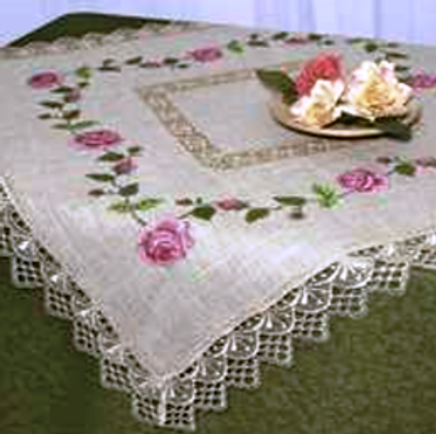 Embroidered Cross Stitch Tablecloth "Roses" 07384 35 x 35"