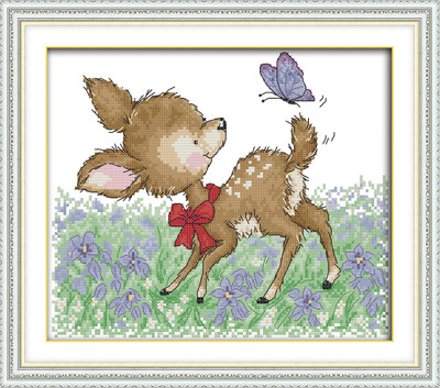 "Fawn and butterfly" Printed Embroidery Tapestry / Cross Stitch Needlework  Kit