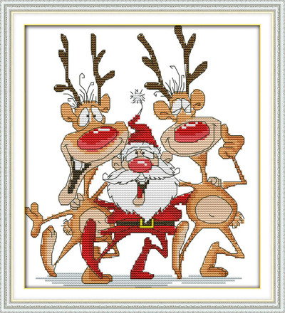 "Santa and the reindeer" Printed Embroidery Tapestry / Cross Stitch Needlework 