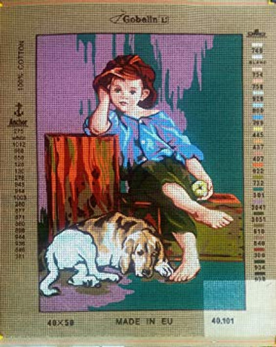 "Boy and Dog" Printed Canvas for  Needlepoint Tapestry Gobelin  Embroidery Gobelin L 40101