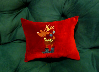 "Rudolph" Christmas Velvet Embroidered Pillow, Vera Lisitsyna