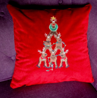 "Deer Pyramid" Christmas Velvet Embroidered Pillow, Vera Lisitsyna