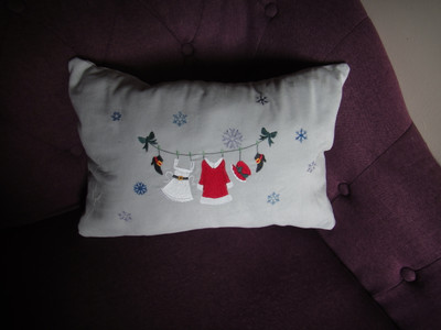 "Mrs Claus Clothesline" Christmas  White Velvet Embroidered Pillow, Vera Lisitsyna