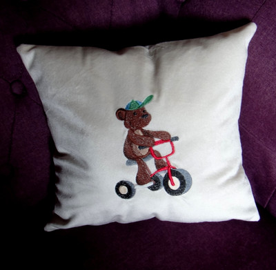 "Tricycling Bear" Christmas  White Velvet Embroidered Pillow, Vera Lisitsyna