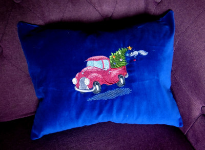 "Truckin's Home for Christmas" Christmas Velvet Embroidered Pillow, Vera Lisitsyna