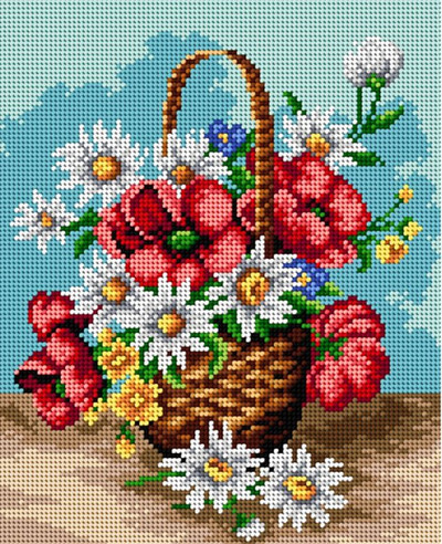 "Basket with Wild Flowers" Printed Canvas for Cross Stitch Tapestry Gobelin Embroidery Orchidea 2354