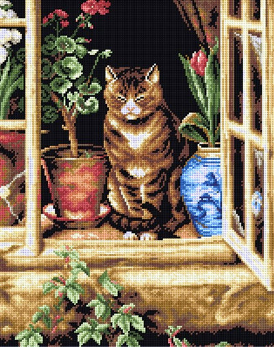 "Cat in Cottage Window" Printed Canvas for Cross Stitch Tapestry Gobelin Embroidery Orchidea 2264M