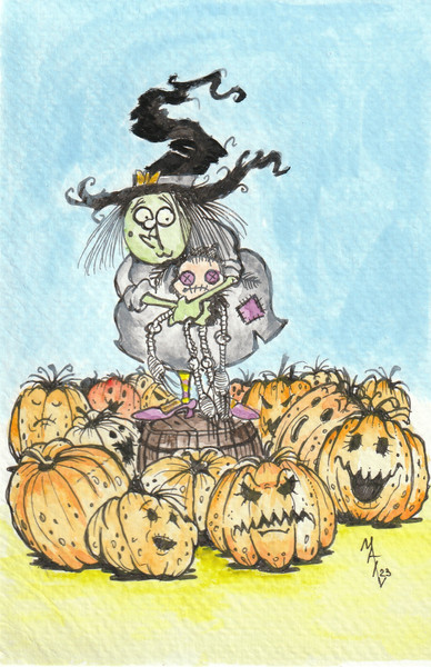 Watercolor Painting Aquarelle  Art sketch "Cathrin Witch and Pumpkins"