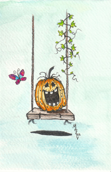 Watercolor Painting Aquarelle  Art sketch "Pumpkins on the swing"