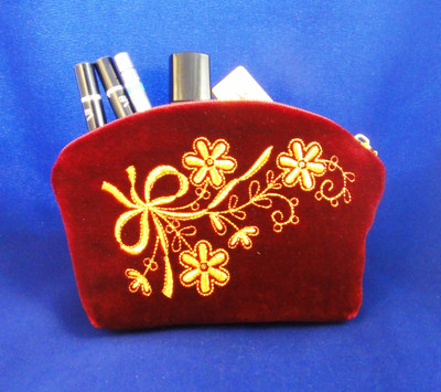 Golden Embroidery Velvet Cosmetic Bag  "Holiday" Dark Red