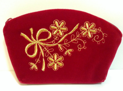 Golden Embroidery Velvet Cosmetic Bag  "Holiday" Red 294-625 