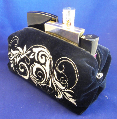 Golden Embroidery Velvet Cosmetic Bag  "Falling leaves" Dark Blue 707-2197