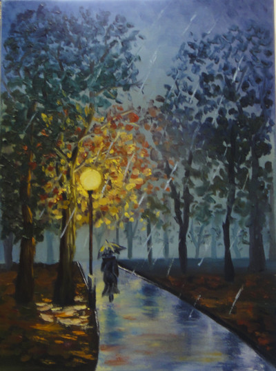 Original Hand Paint Oil Painting on Canvas "Night Park" 12x16"