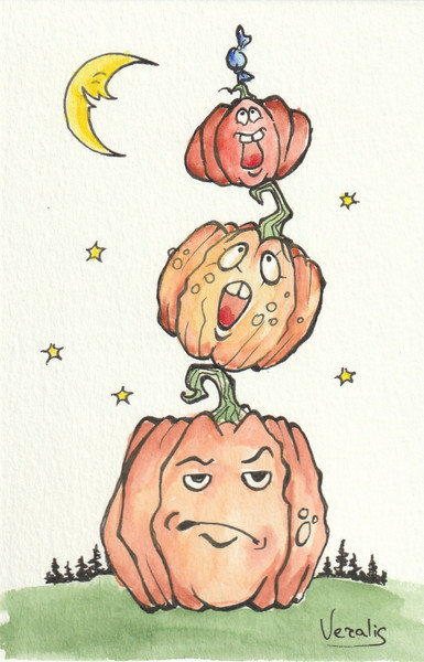 Postcard Watercolor Painting Aquarelle  Art sketch "Pumpkin Pyramid.Halloween"