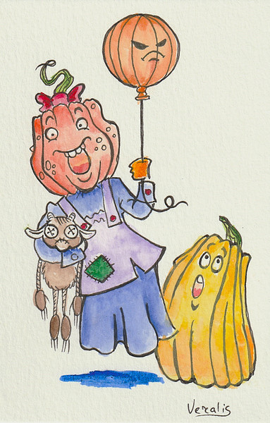 Postcard Watercolor Painting Aquarelle  Art sketch "Pumpkin. Ghost. Balloon.Halloween"