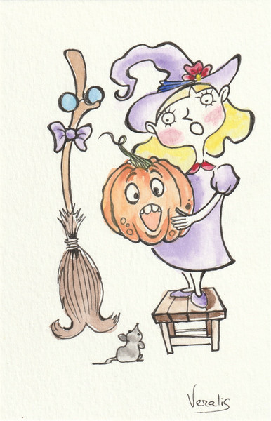 Postcard Watercolor Painting Aquarelle  Art sketch "Mouse. Halloween"