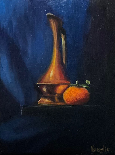 Original Hand Paint Oil Painting on Canvas "Pitcher and Mandarin" 9x12"