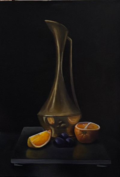 Original Hand Paint Oil Painting on Canvas "Pitcher and Oranges"  19.6x27.5"