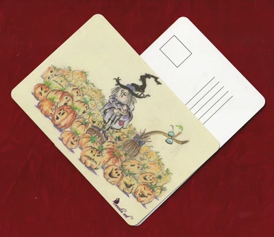 Veralis Funny Collectable Greeting Post Card Halloween "Kathrin Witch and Pumkins"