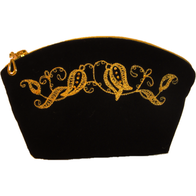 Golden Embroidery Velvet Cosmetic Bag  Black 258-1579