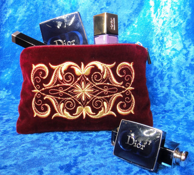 Golden Embroidery Velvet Cosmetic Bag "Nadina" Dark Red 425-1409