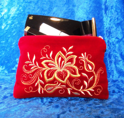 Golden Embroidery Velvet Cosmetic Bag "Tenderness" Red 425-1879