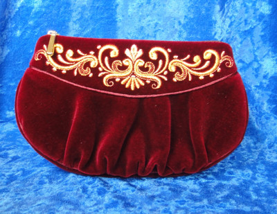 Golden Embroidery Velvet Cosmetic Bag Dark Red 470-1402