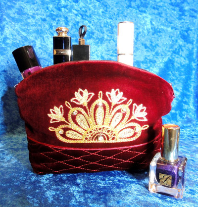 Golden Embroidery Velvet Cosmetic Bag  Dark Red 1817-556