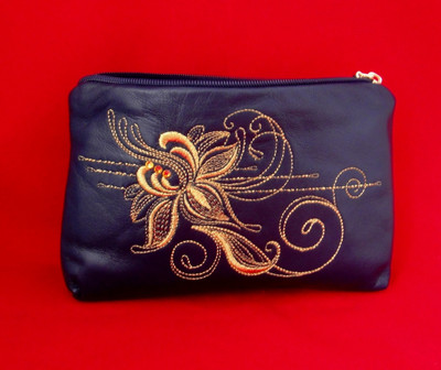 Golden Embroidery Leather Cosmetic Bag  "Romance" Dark Blue 425-1962