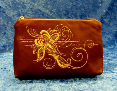 Golden Embroidery Leather Cosmetic Bag  "Romance" Dark  425-1962