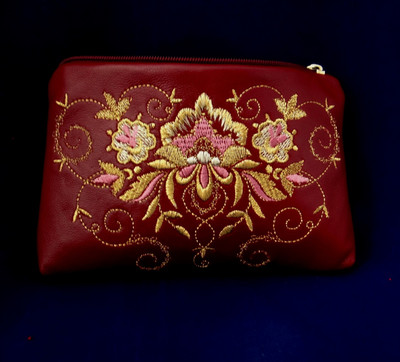 Golden Embroidery Leather Cosmetic Bag  "Success" Dark Red  425-1858