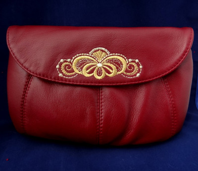 Golden Embroidery Leather Cosmetic Bag  "Morning Dew" Dark Red  643-2055