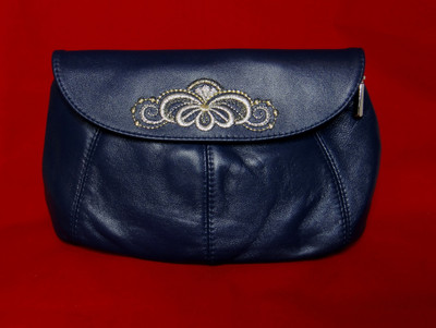 Golden Embroidery Leather Cosmetic Bag  "Morning Dew" Dark Blue  643-2055