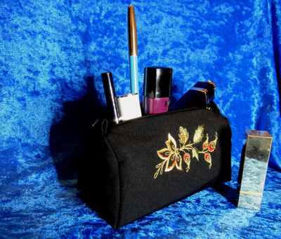 Golden Embroidery Satin Cosmetic Bag "Wild Rose" Black 403-1077