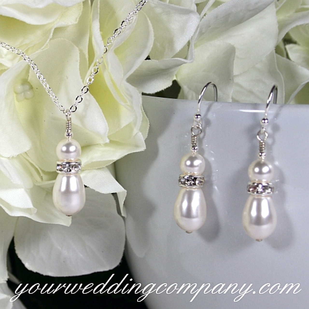 Pearl and CZ Cubic Zirconia Crystal Bridal Necklace and Earrings Set