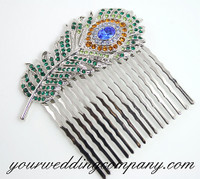 Green Swarovski Crystal Feather Hair Comb - Wedding Accessory